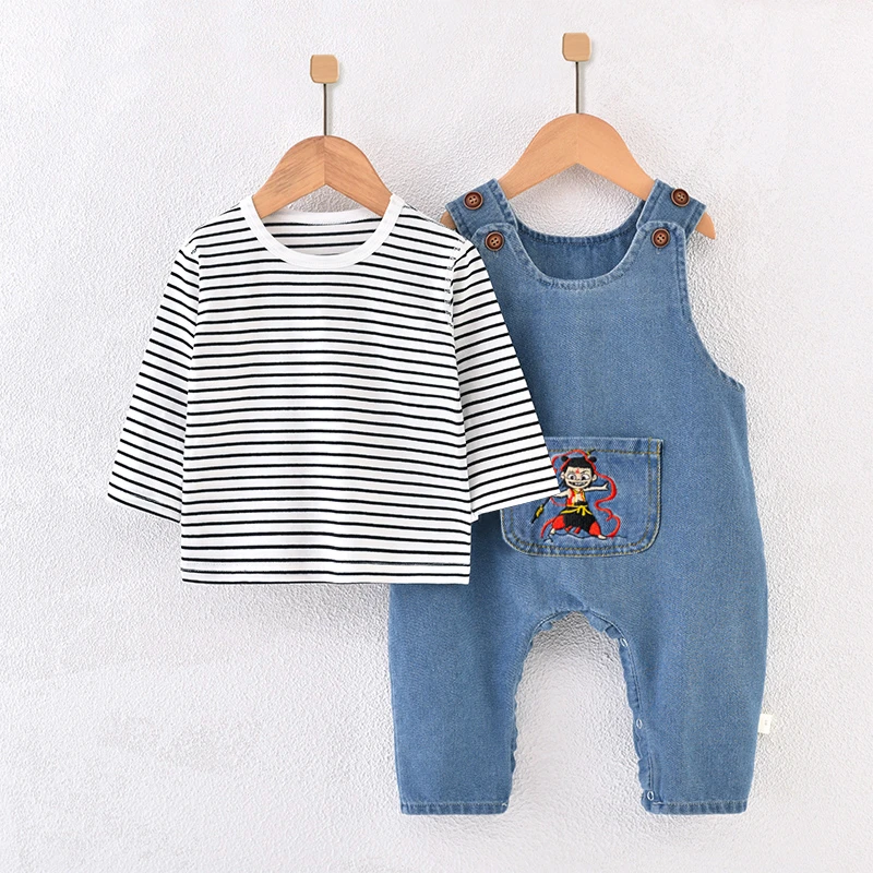 婴儿牛仔套装背带裤春装哈衣新生儿爬服潮流男女宝宝衣服春季