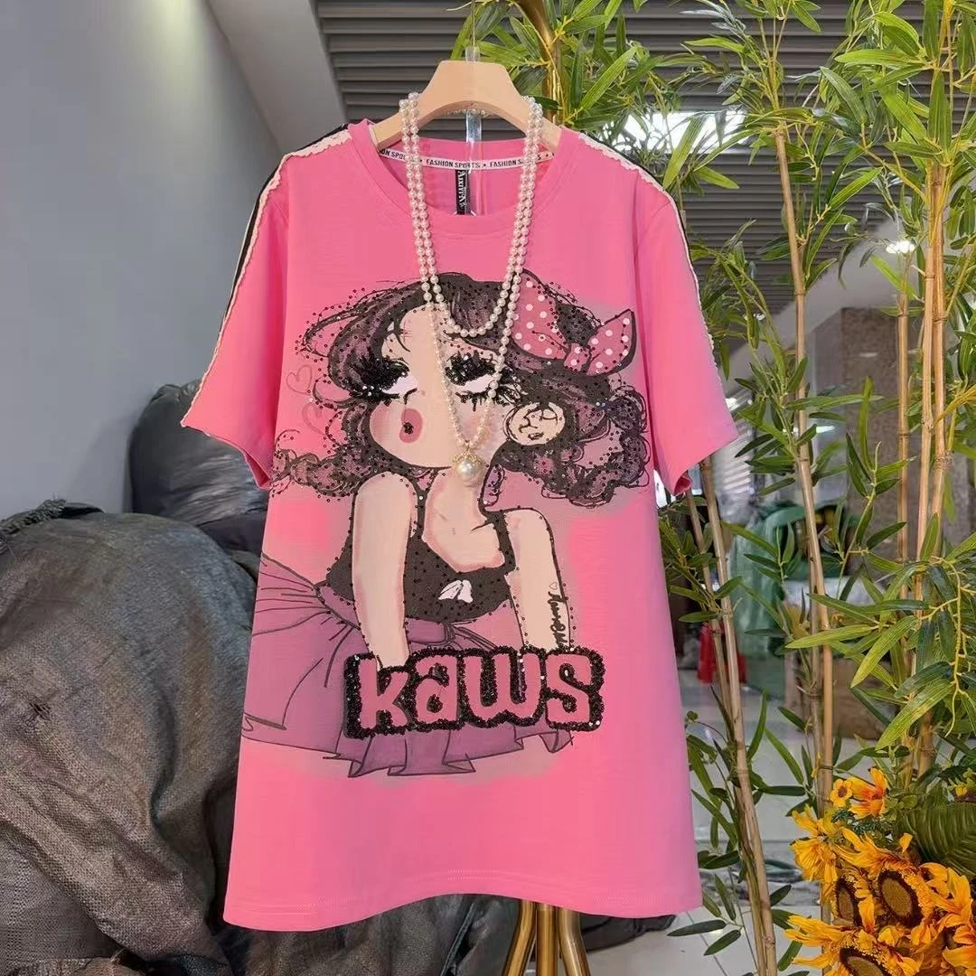 欧货时尚卡通字母长T恤女款微胖女装可爱减龄短袖圆领新款8840