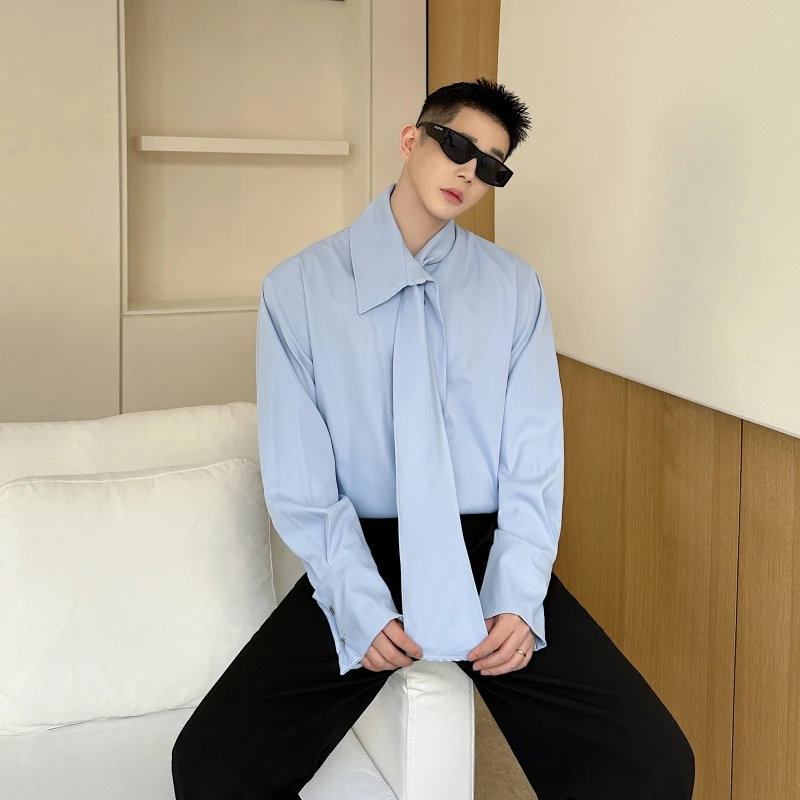 法式金属扣纯色长袖衬衫男小众连体领带高级感网红痞帅发型师衬衣