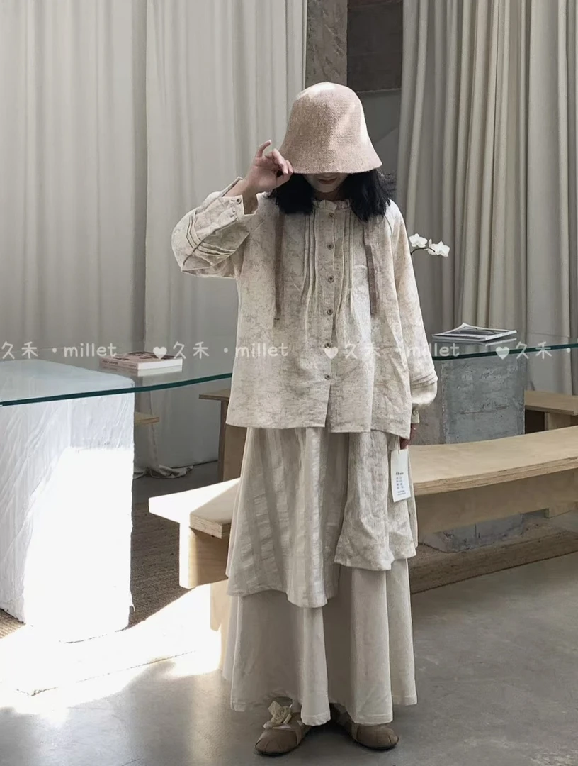 [山茶花套装]森系提花长袖春季衬衫宽松日系气质甜美上衣