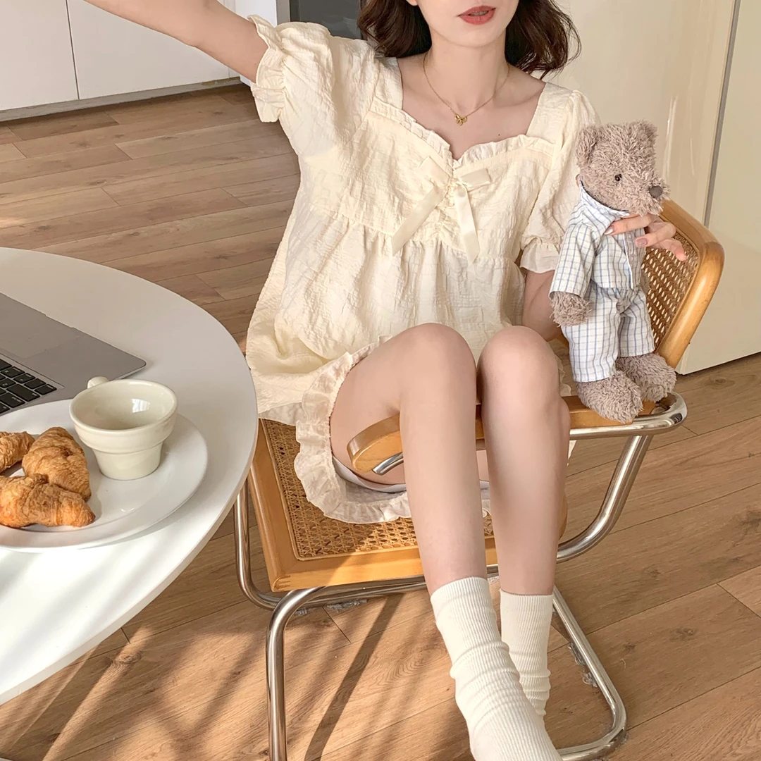 6925夏季甜美少女睡衣带胸垫家居服套装外穿公主风薄款甜美风日系