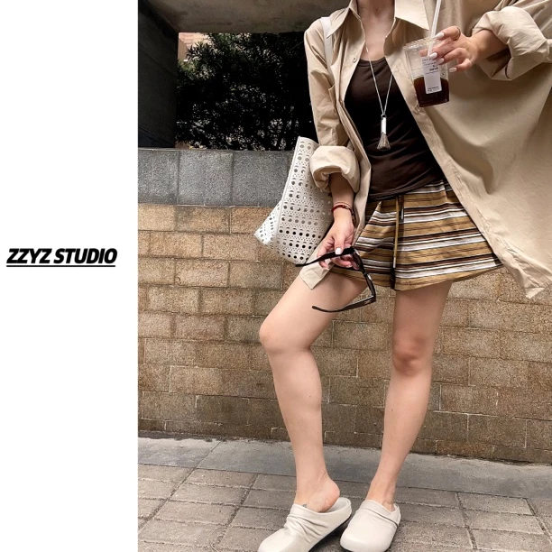 【ZZYZ】“能量条纹”韩版拼色条纹抽绳直筒休闲短裤设计感高腰短裤