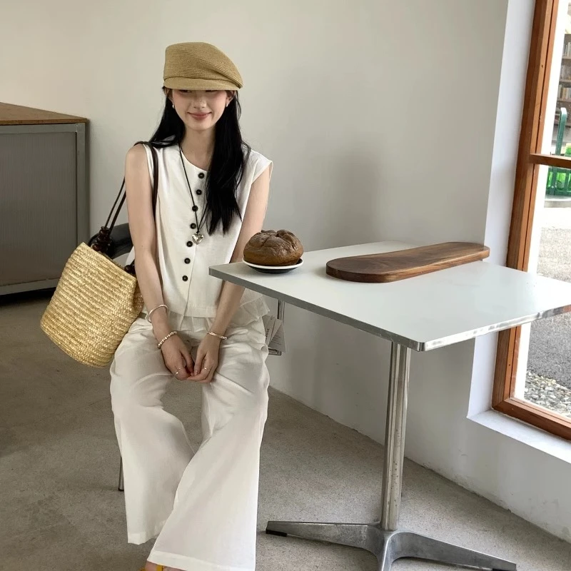 63#韩版下摆拼接木耳边减龄宽松无袖马甲阔腿长裤两件装丝麻套装