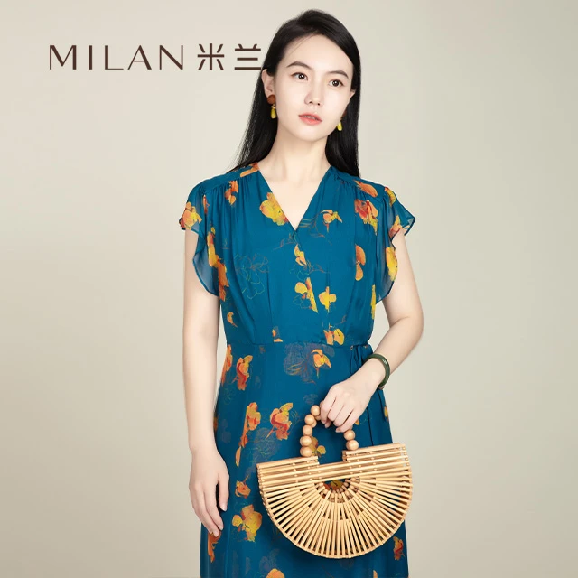 米兰夏品孔雀蓝花卉图案桑蚕丝长款连衣裙