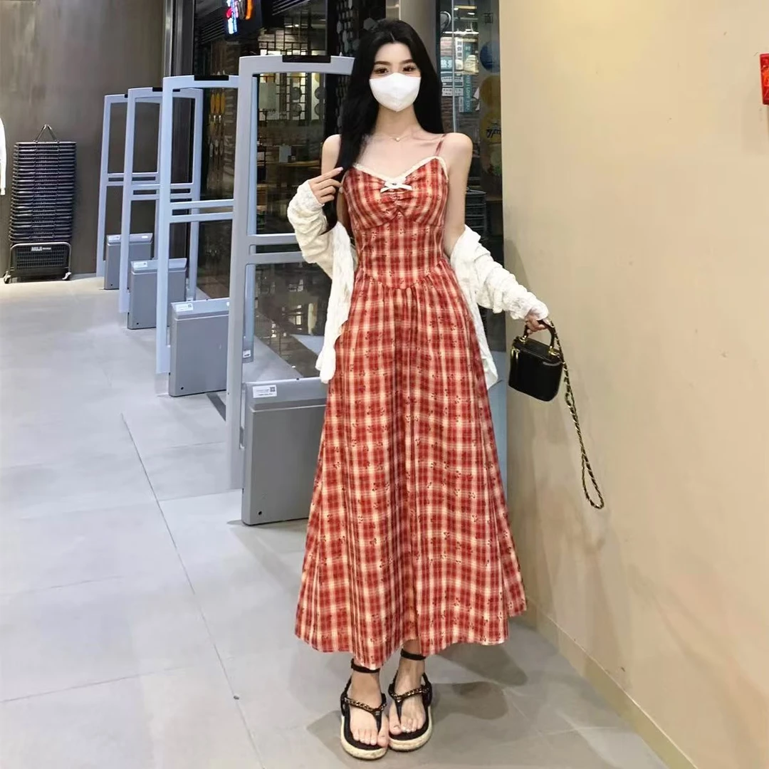 大码法式吊带连衣裙女夏季蝴蝶结甜美A字裙套装胖MM遮肚显瘦裙子