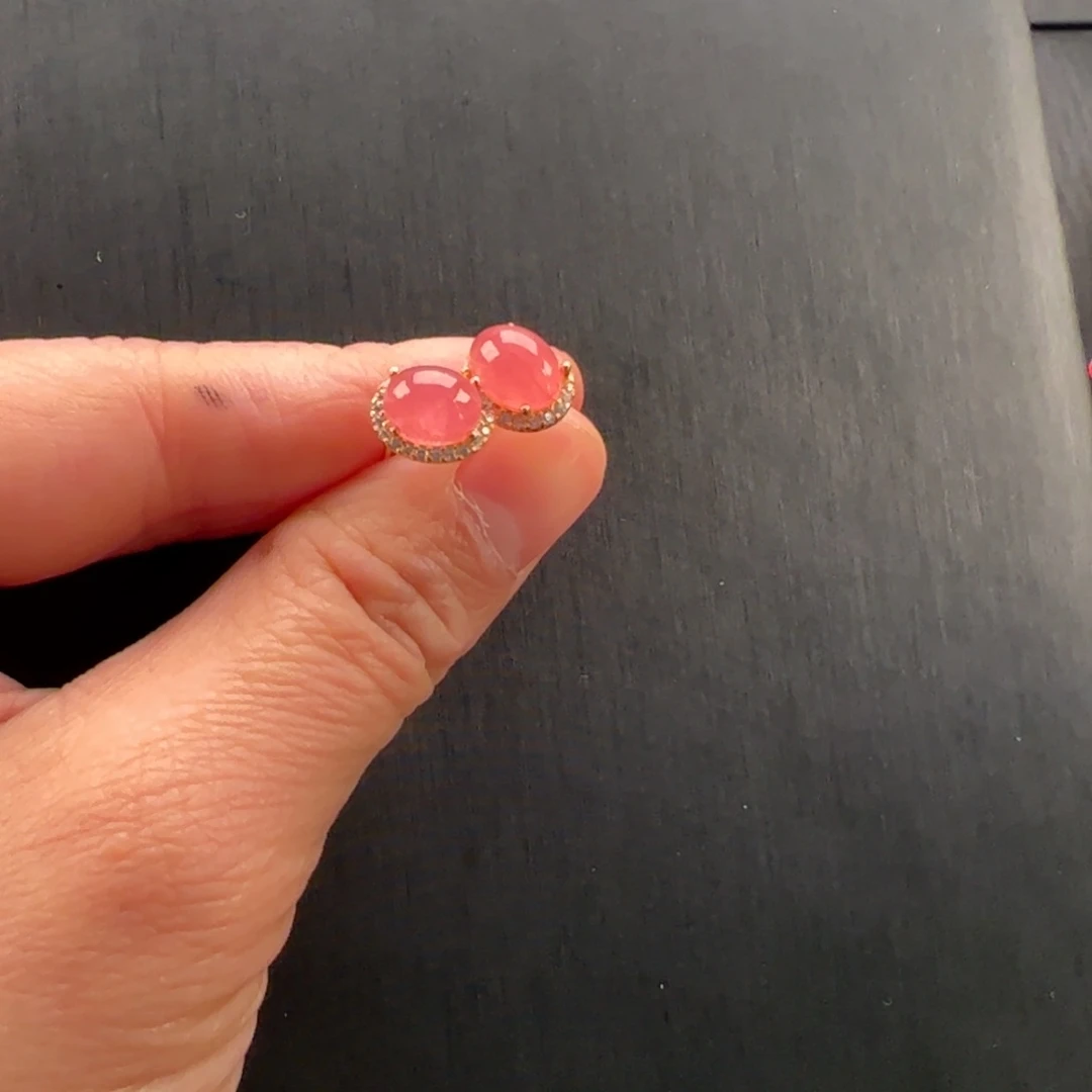 银S925镶嵌菱锰矿（红纹石）耳钉