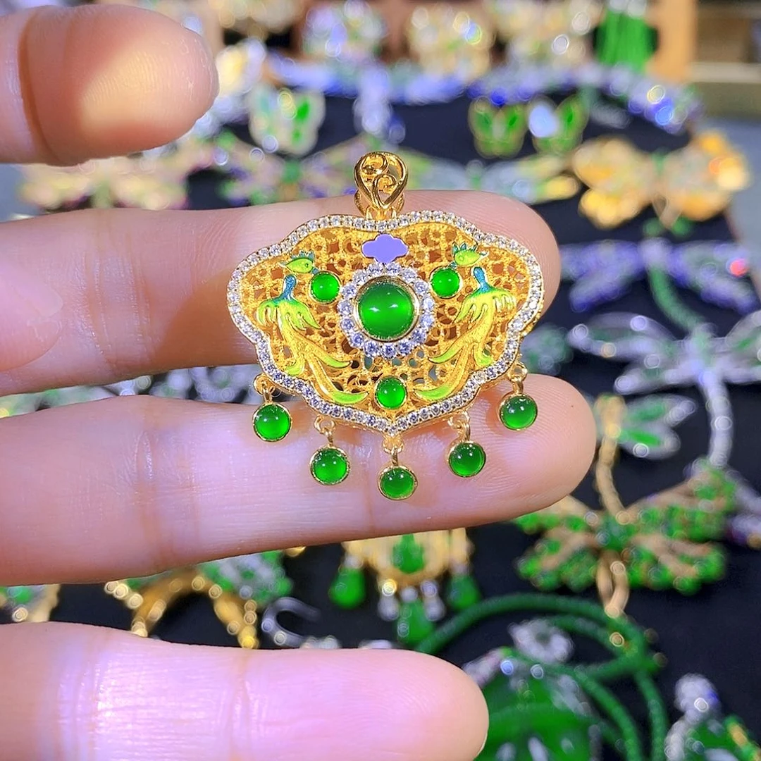 吊坠(不含链)银S925镶嵌翡翠