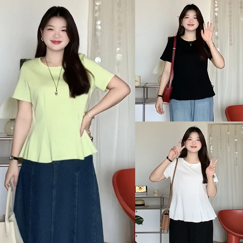 微胖的喵喵 大码mm夏季显瘦气质百搭收腰鱼尾圆领短袖T恤上衣0367