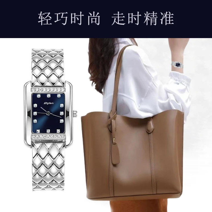 正品蓝盘镶钻气质轻奢时尚通勤百搭小众方形腕表女士防水小方表
