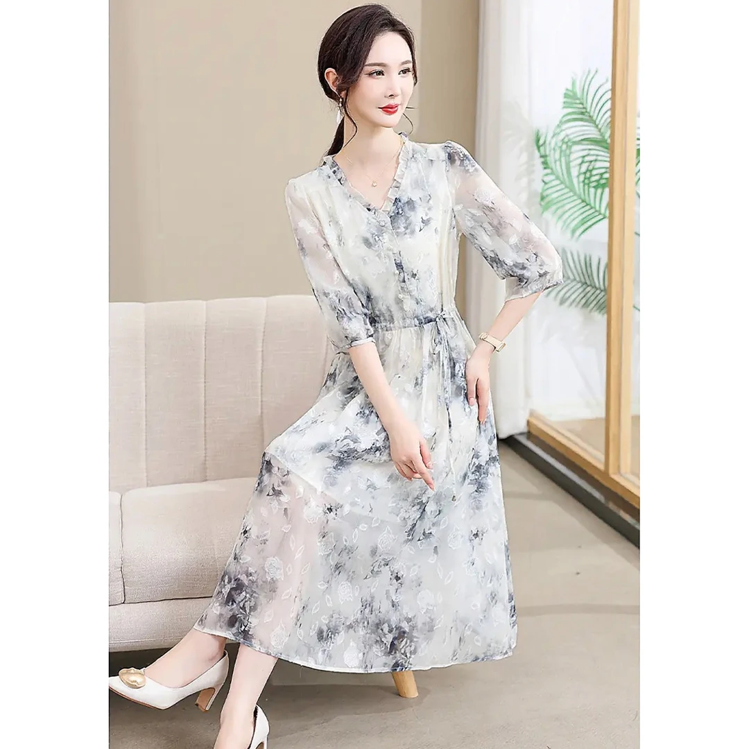 【王老板】烟雨江南名媛气质时尚烧花女士收腰洋气中长款连衣裙2612