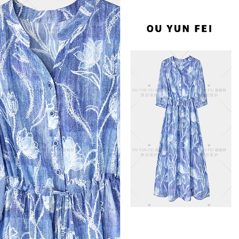 印花长裙夏季女装蓝色连衣裙夏轻职风牛仔风时尚显瘦HY2091
