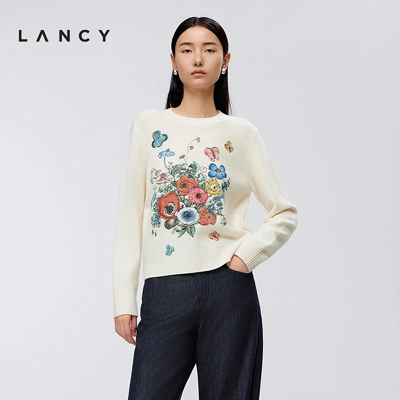 【100%羊毛】LANCY/朗姿2025年春新款花卉印花气质圆领毛针织衫女