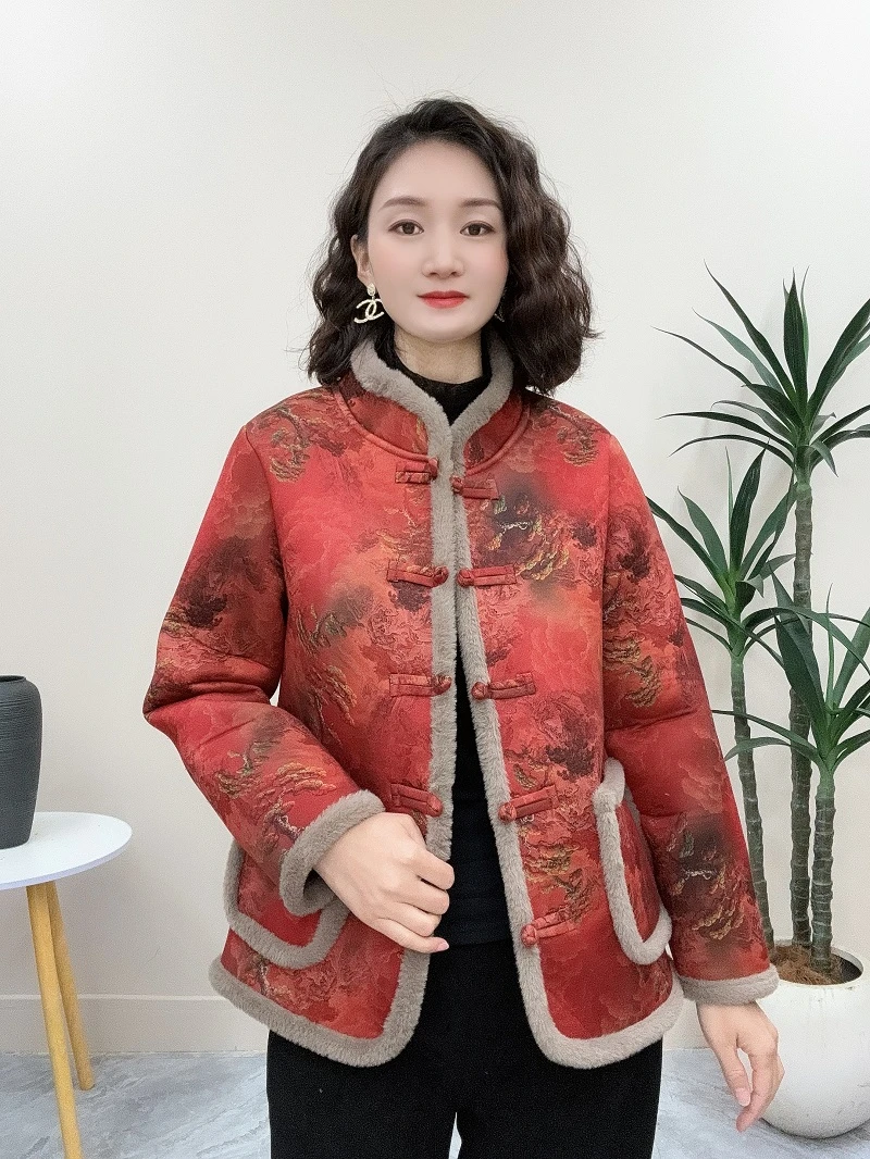 冬季新款加绒新中式盘扣碎花棉衣时尚百搭中老年妈妈装厚外套