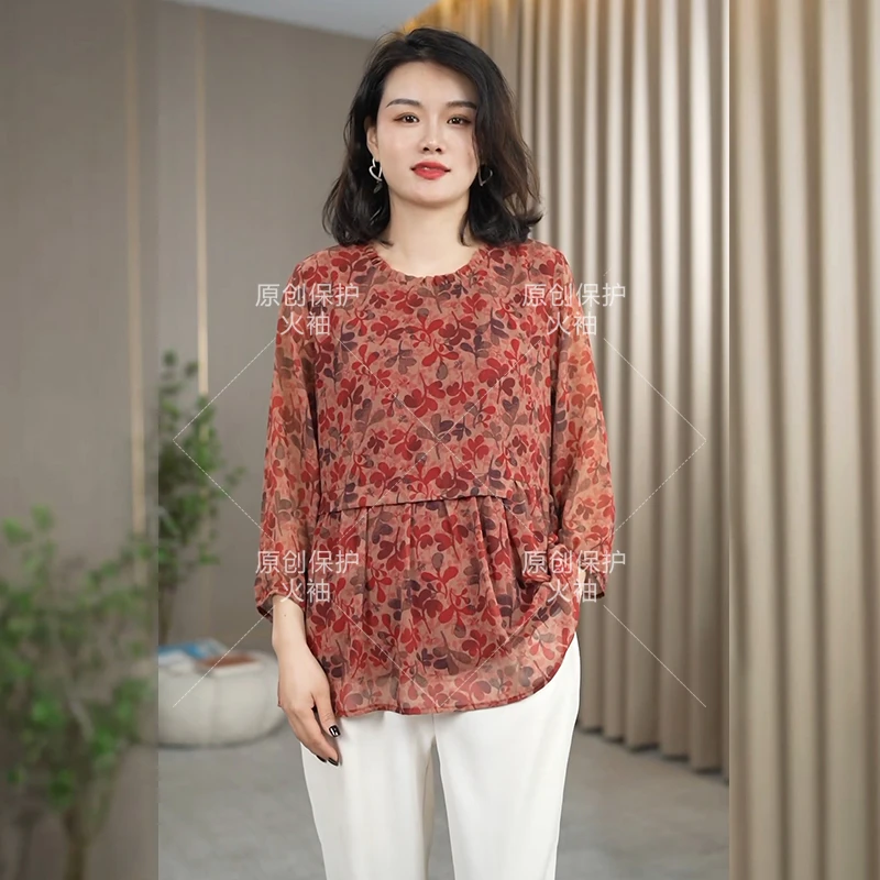 火袖F722中老年圆领印花T恤女2025早春款宽松七分袖洋气百搭大码