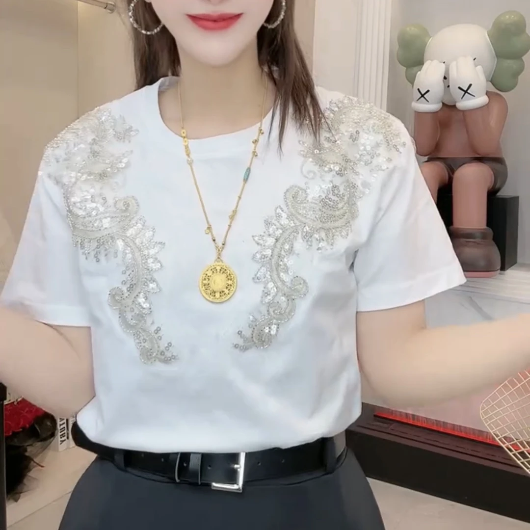 2025早春新款重工体恤衫时尚百搭短袖女洋气减龄气质穿搭