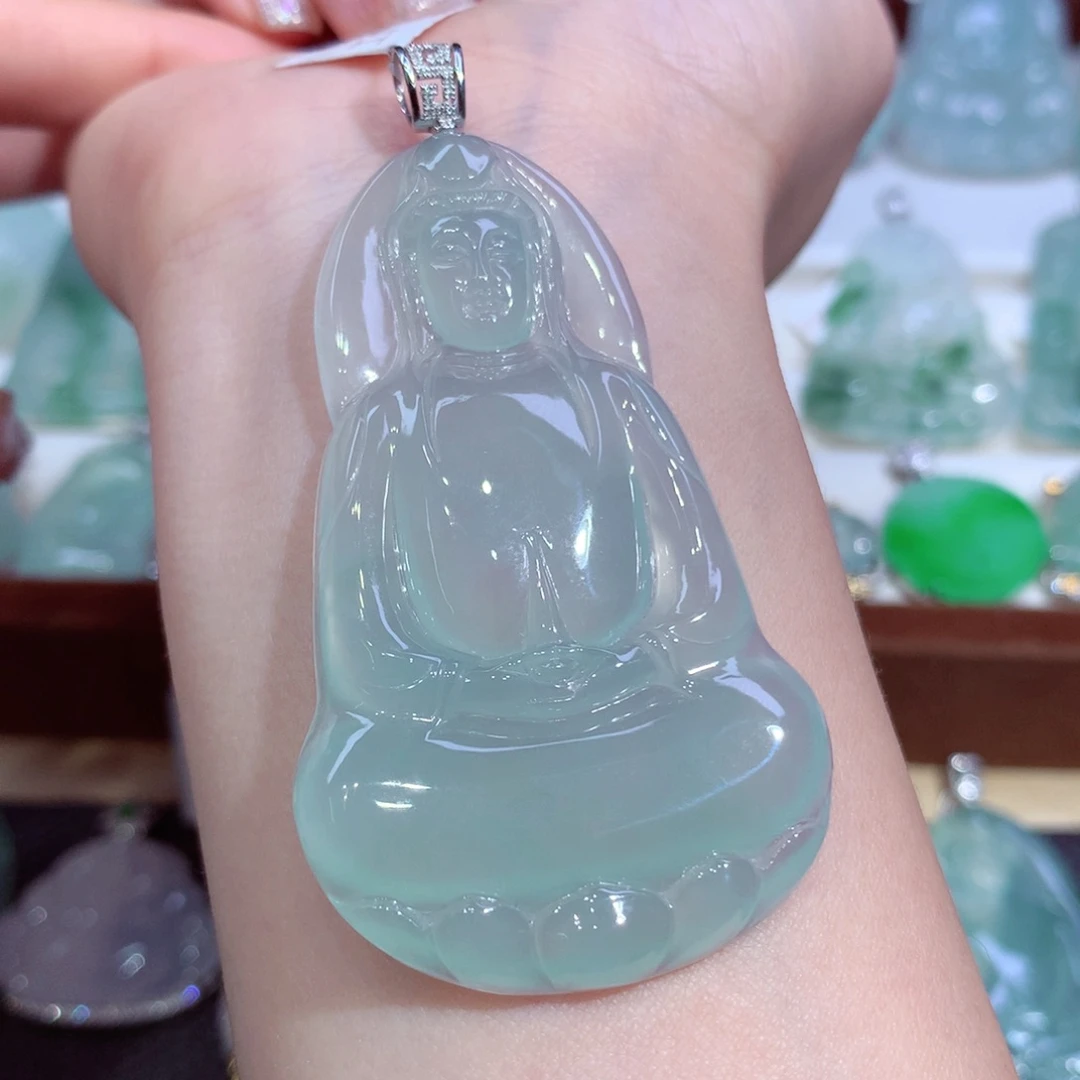 吊坠(不含链)18K金镶嵌翡翠天然缅甸A货翡翠揭阳工观音