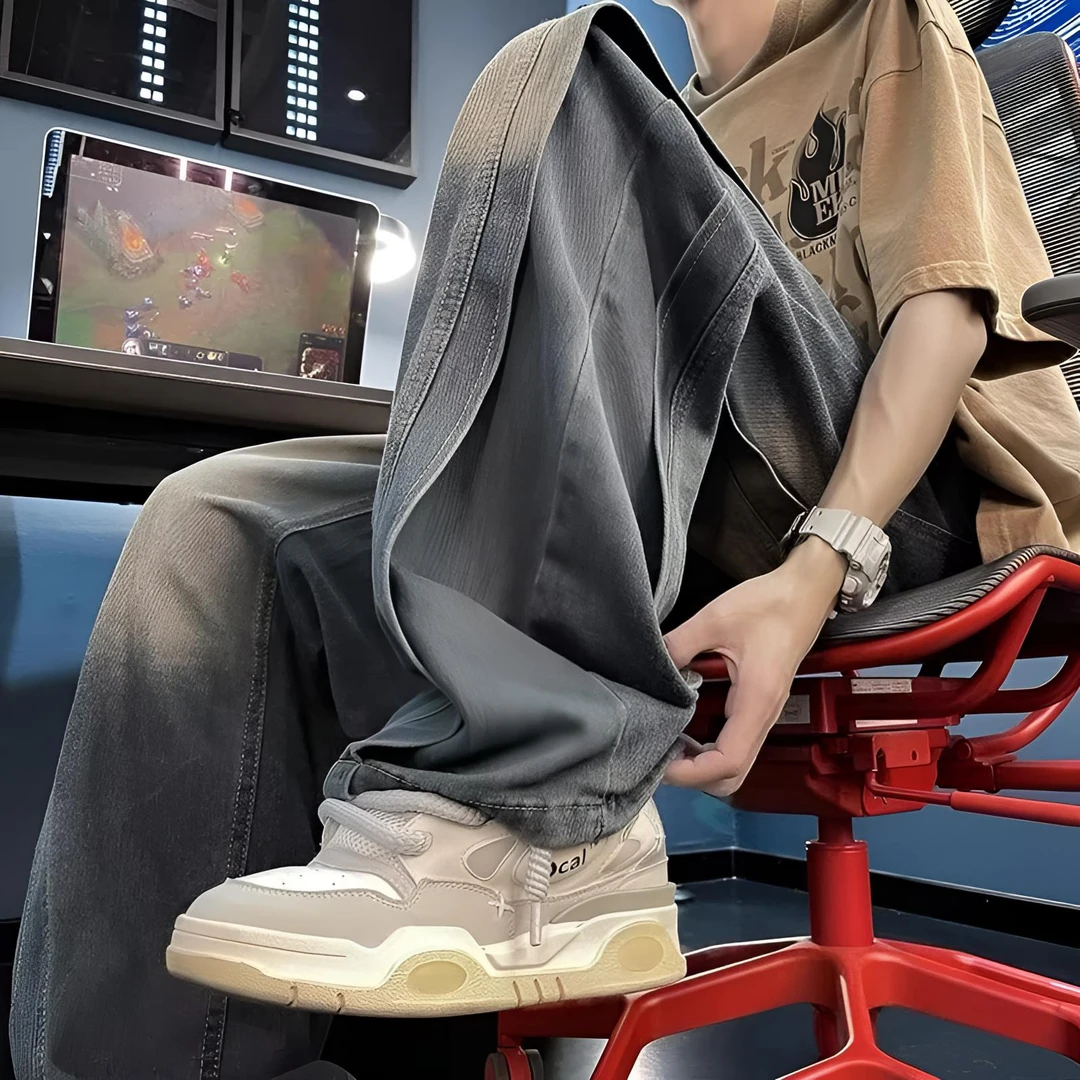 阔腿潮流时尚春秋季男士宽松牛仔裤新款设计感2023男生长裤子直筒