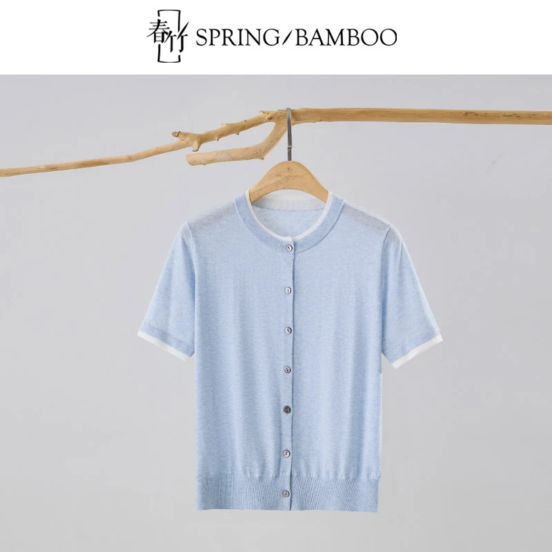 春竹春夏新款桑蚕丝混纺圆领合体假两件短袖女士针织开衫上衣