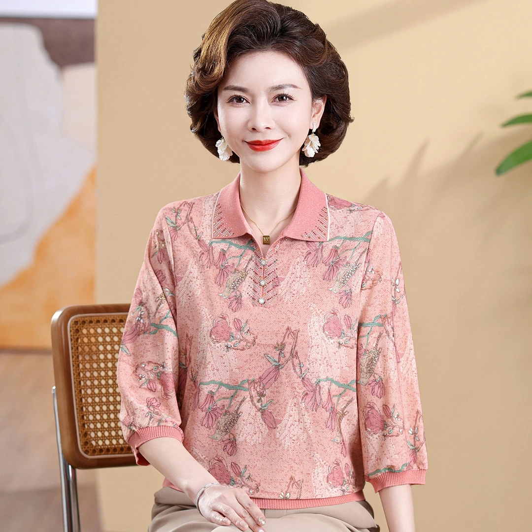 中老年妈妈装洋气t恤小衫春夏款翻领冰丝薄款女装上衣针织打底衫