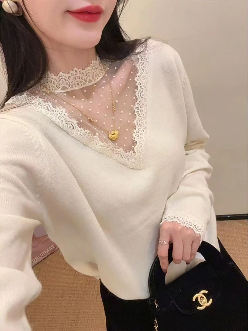 恒鑫安韩系蕾丝拼接波点加绒小衫-98