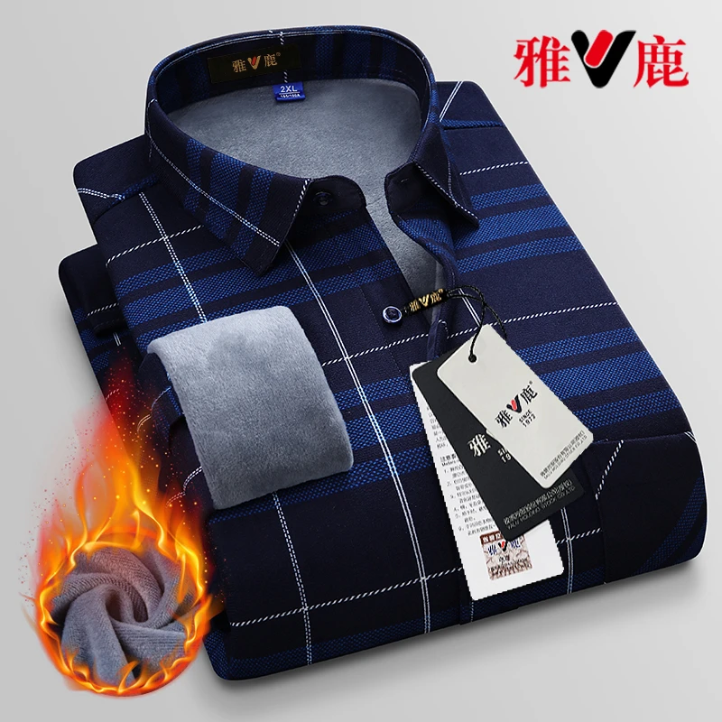 雅鹿中年男士长袖格子衬衫外套冬季大码爸爸加绒加厚男装保暖衬衣