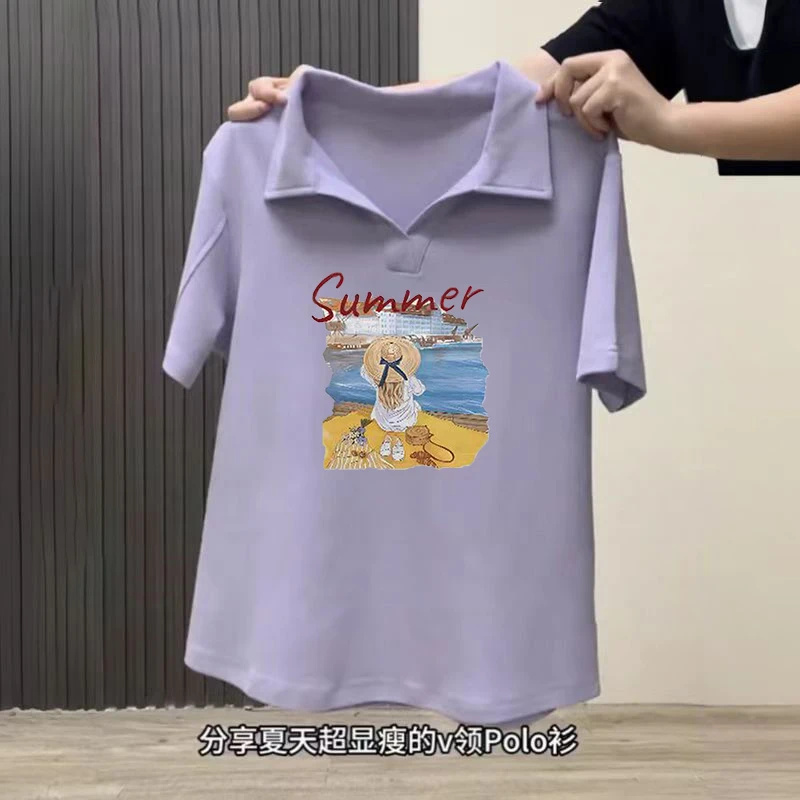 大码正肩polo领短袖t恤女2025年新款夏季胖mm巨显瘦遮肚紫色上衣