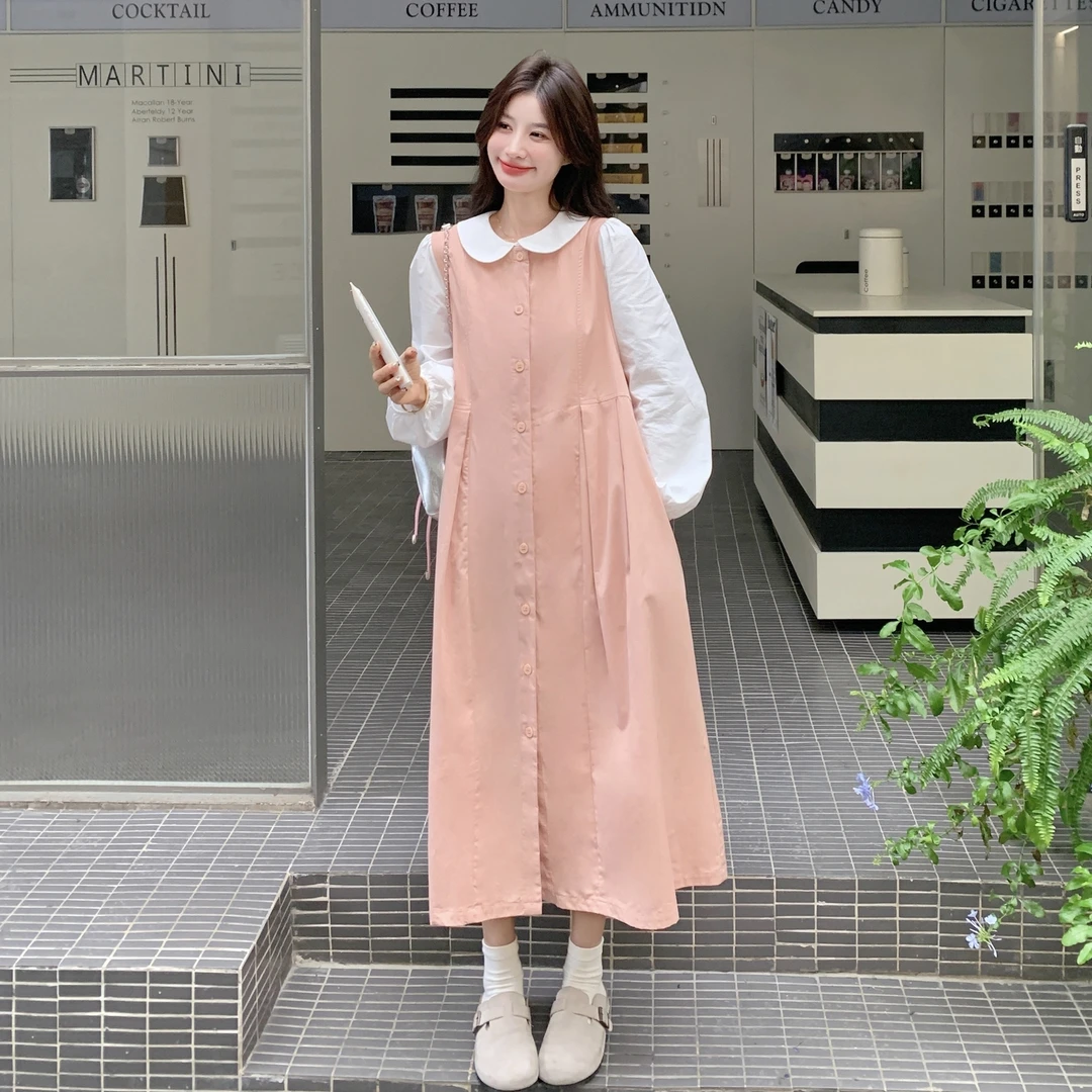 甜美森系减龄粉色衬衫背心连衣裙套装女早秋2025超火巨好看两件套