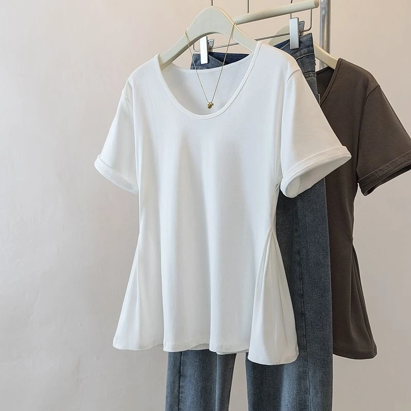2025弹力棉褶皱短袖t恤女夏季减龄遮肚子休闲纯色设计感上衣女潮