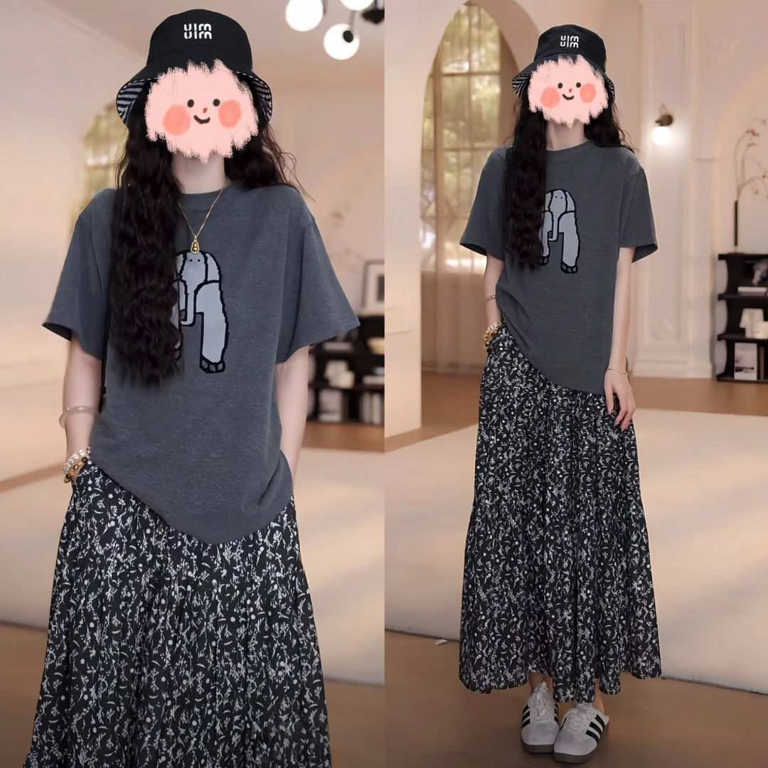 2025夏季新款休闲显瘦小象T恤+小碎花半身裙两件套时尚减龄套装裙