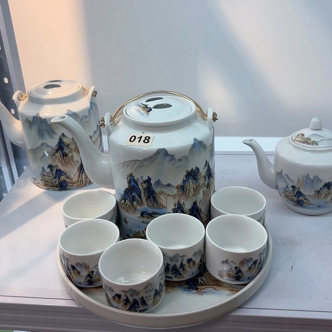 壶陶瓷千里江山图四斤➕六个杯子➕茶盘
