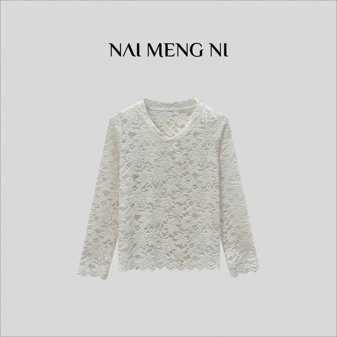 肉肉 26N20123 高品质蕾丝打底女V领长袖韩版显瘦上衣