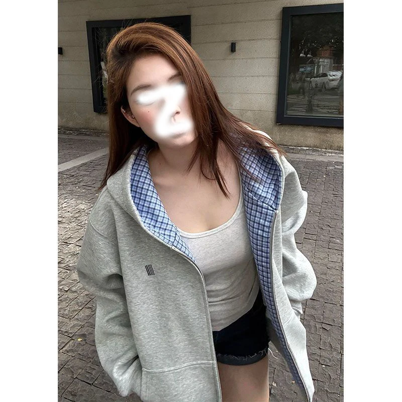 国潮牌拼接格子撞色连帽开衫外套女春秋新款慵懒oversize情侣卫衣