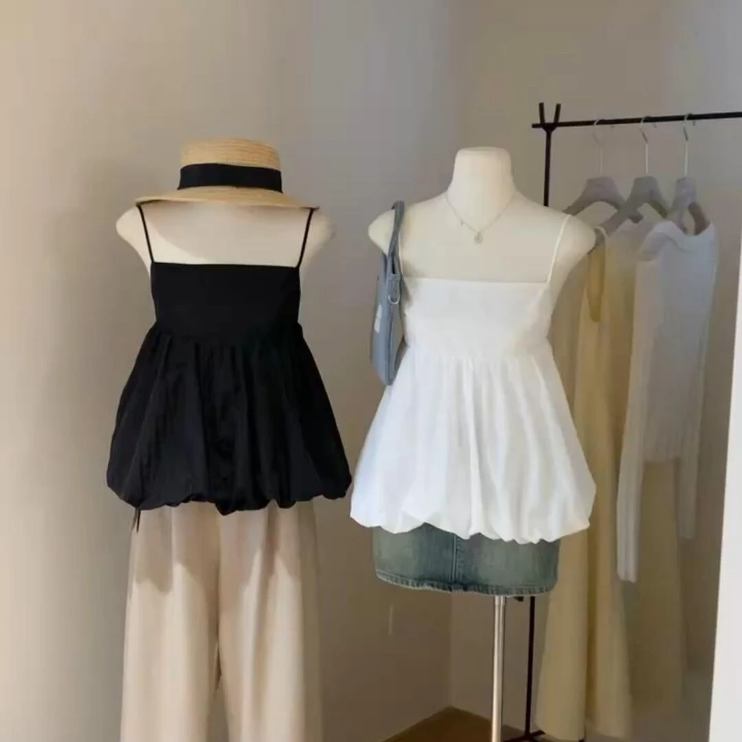 韩系小个子无袖减龄花苞设计感吊带背心女夏小众抹胸上衣娃娃衫