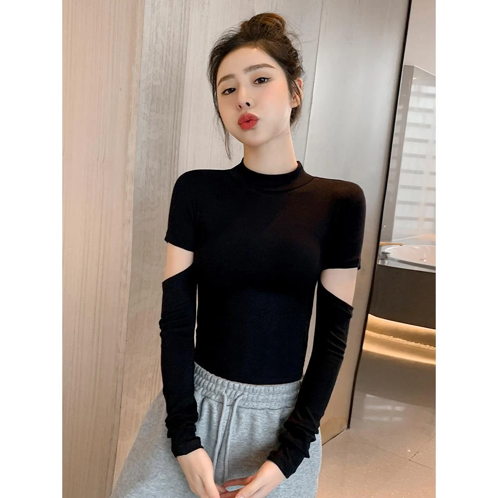 针织黑色半高领打底衫女初秋内搭长袖修身镂空设计感上衣2025新款