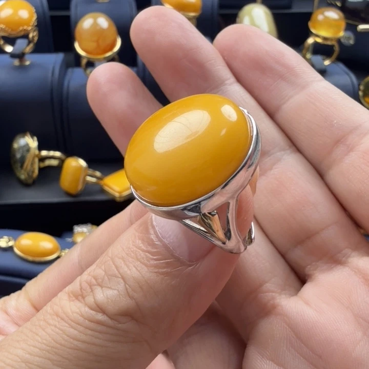 蜜蜡银S925镀金镶嵌戒指