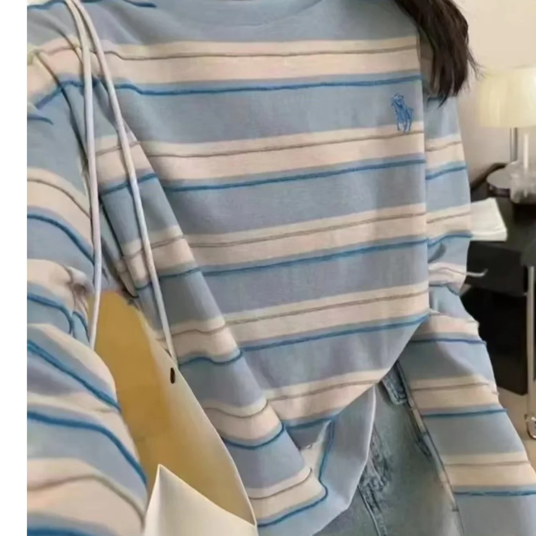 韩版时尚百搭简约撞色休闲条纹T恤宽松显瘦圆领长袖T恤