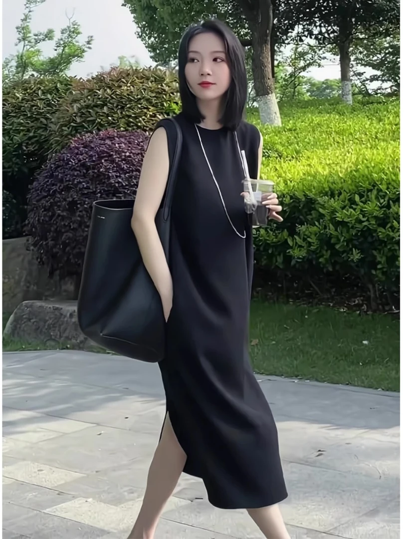 韩版简约休闲宽松短袖连衣裙女夏微胖显瘦气质直筒高级开叉背心裙