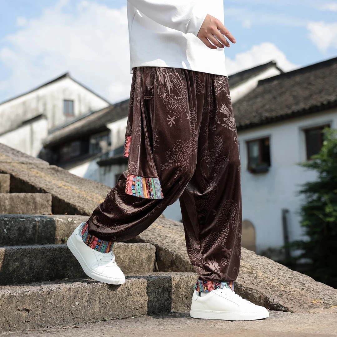 中国风民族印花休闲裤男款新中式龙纹提花金丝绒高级感宽松哈伦裤