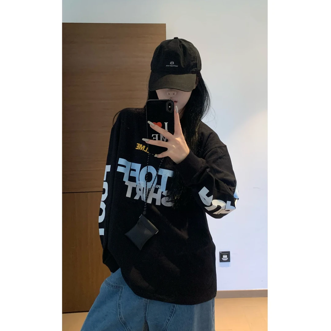 YWBY秋冬新款女装重磅纯棉长袖T恤宽松休闲字母印花圆领上衣女