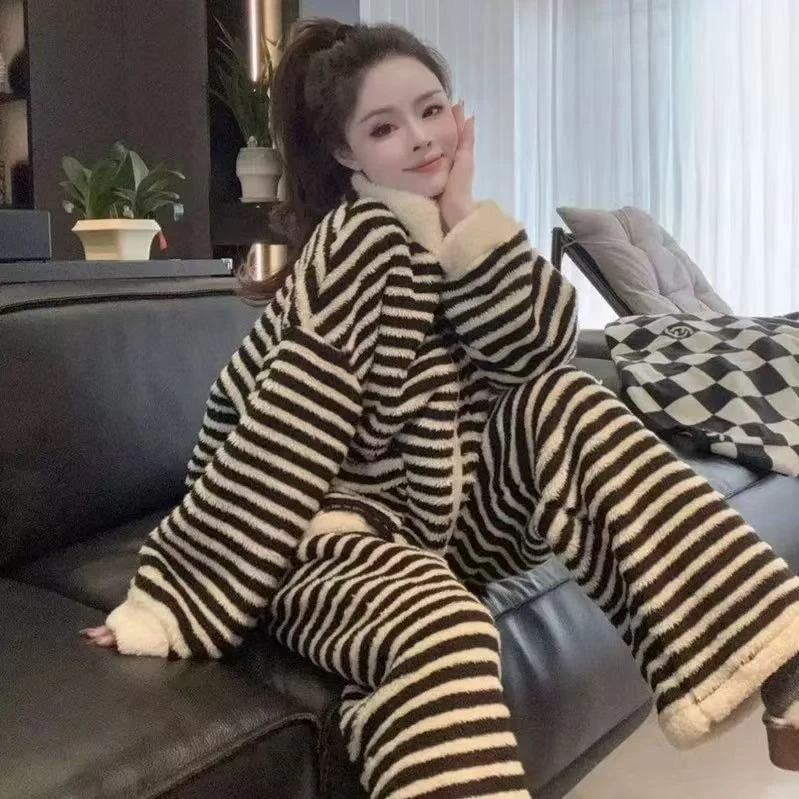 条纹睡衣网红冬季女加绒加厚宽松大码毛绒家居服秋冬保暖女士情侣