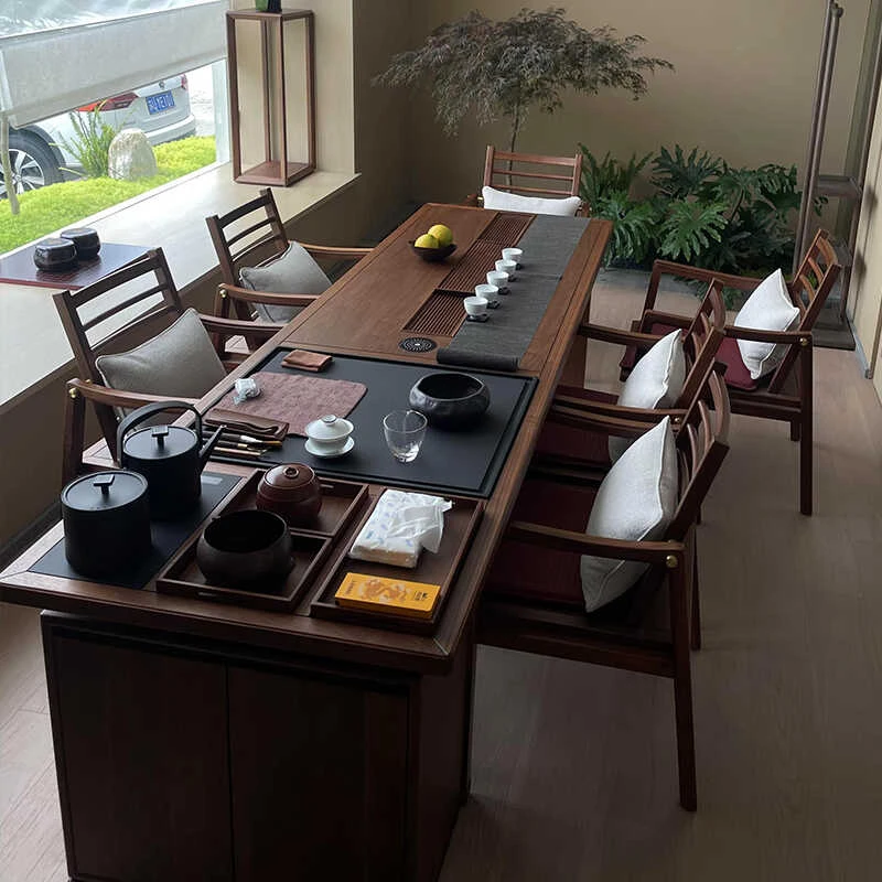 新中式北美黑胡桃木茶桌椅组合办公茶室烧水乌金石茶盘一体泡茶台