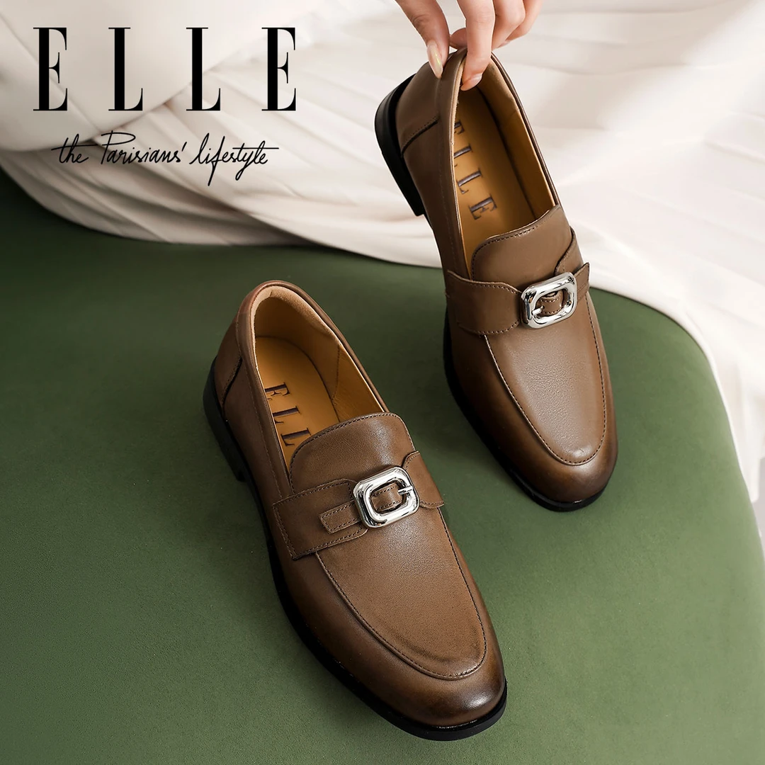 ELLE真皮平底乐福鞋女2025冬季百搭久站不累妈妈鞋软底一脚蹬单鞋
