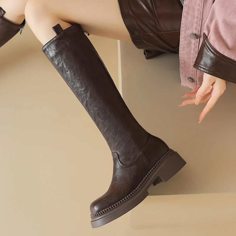 加肥版厚底长筒靴大筒围女靴大码40-41-43胖mm粗腿高筒棕色骑士靴