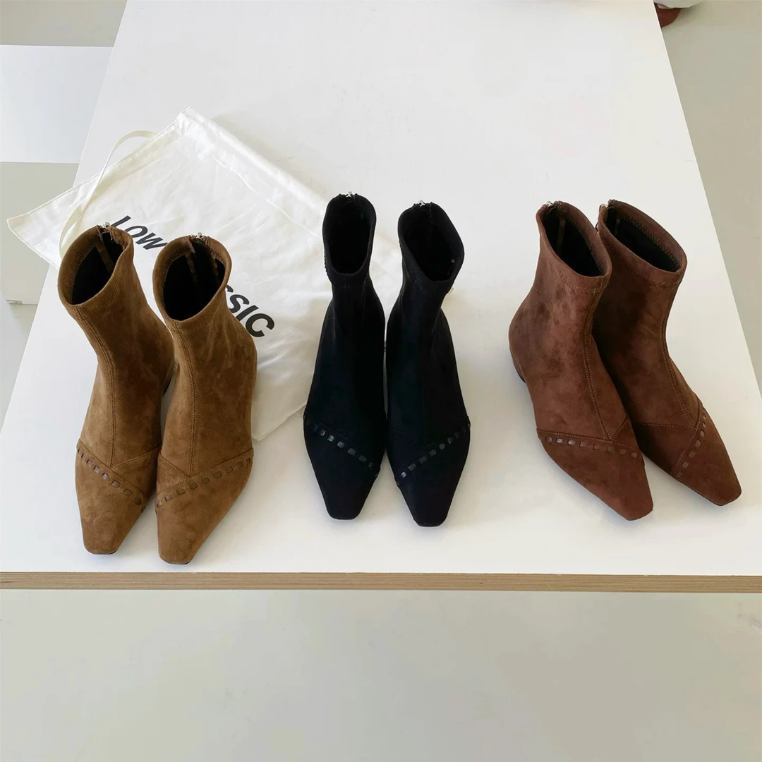 内增高爆款编织韩版小方头绒面裸靴2025秋冬新款洋气百搭软底短靴