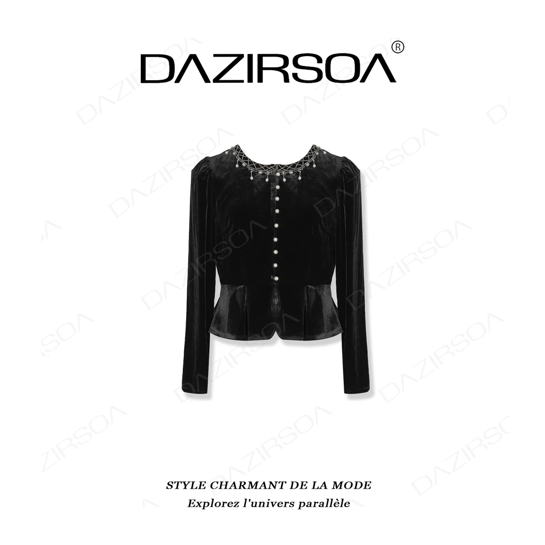 DAZIRSOA/达姿“月下花朵”时尚百搭拼接钉珠洋气丝绒上衣 X029