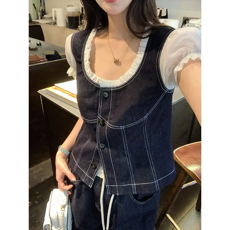 韩系泡泡袖衬衫拼接马甲上衣一整套女2025夏季新款假两件牛仔套装