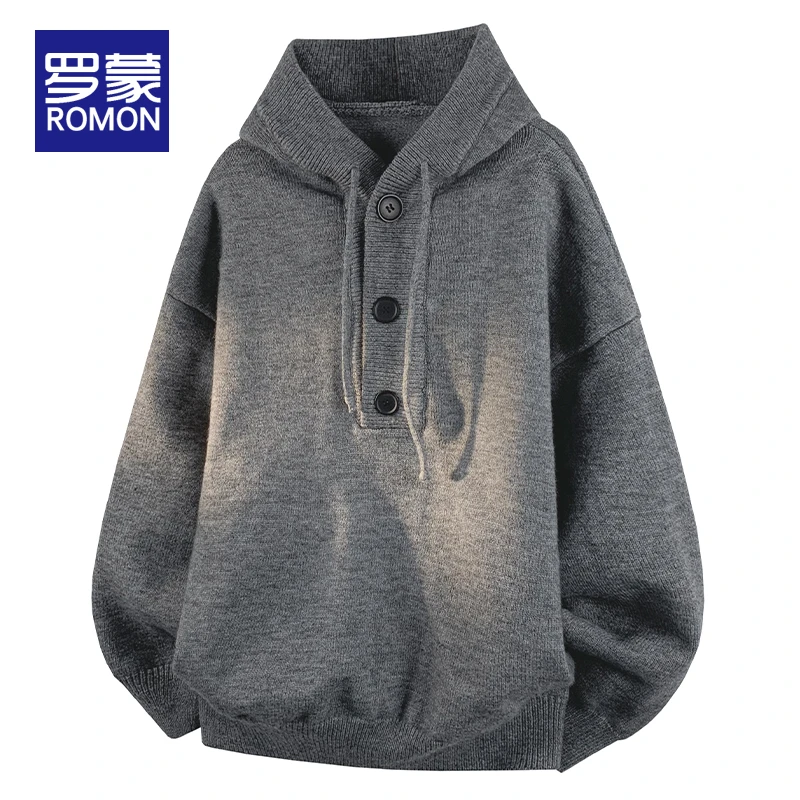 罗蒙连帽针织衫男款半开领秋冬季宽松百搭男士潮流宽松毛衣外套男