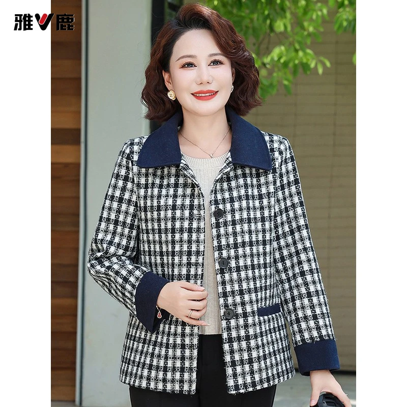 雅鹿优选格子外套妈妈装秋季新款大码百搭外穿上衣中老年人女装宽