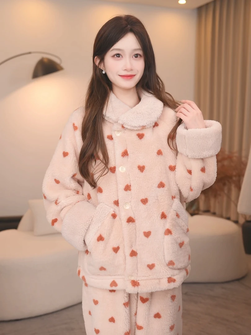 【加厚款恋冬】2025冬季韩版长袖加绒加厚女毛绒睡衣套装可外穿