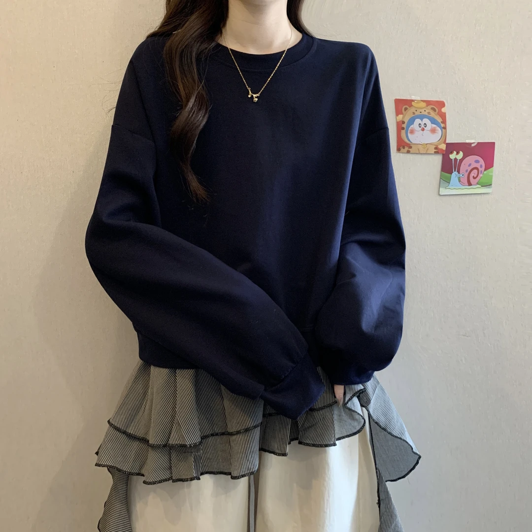 大码韩版假两件拼接不规则套头长袖卫衣女秋冬胖妹妹遮肚宽松上衣